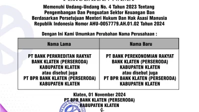 Pengumuman Perubahan Nama PT BPR Bank Klaten (Perseroda) Kabupaten Klaten