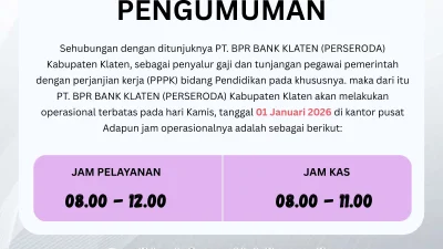 Pengumuman jam operasional terbatas dalam rangka penyaluran dan gaji dan tunjangan PPPK pada 01, januari 2026